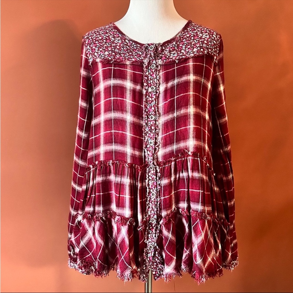 Altar'd State mixed media tiered flannel button down Large NWOT